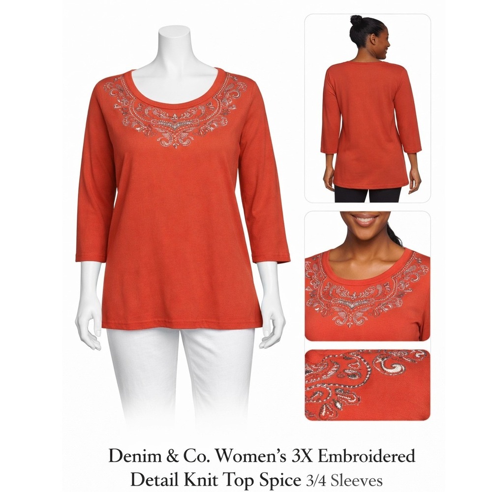 Denim & Co Womens 3X Embroidered Detail Knit Top Spice 3/4 Sleeves A235178 NWT